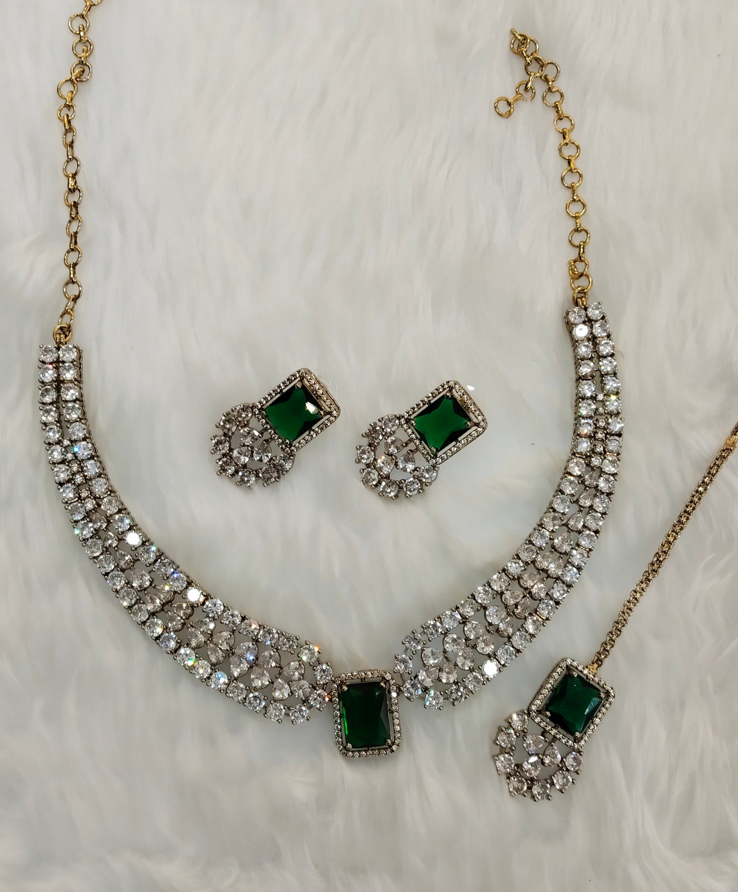 Green Antique Gold CZ Necklace Indian Jewellery Tvs Set