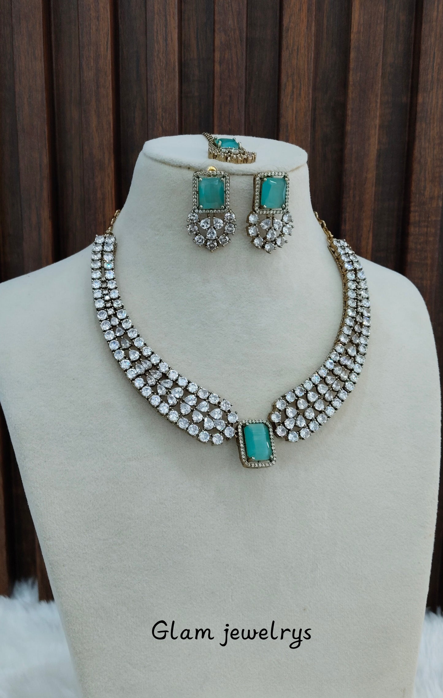 Pastel Green Antique Gold CZ Necklace Indian Jewellery Tvs Set