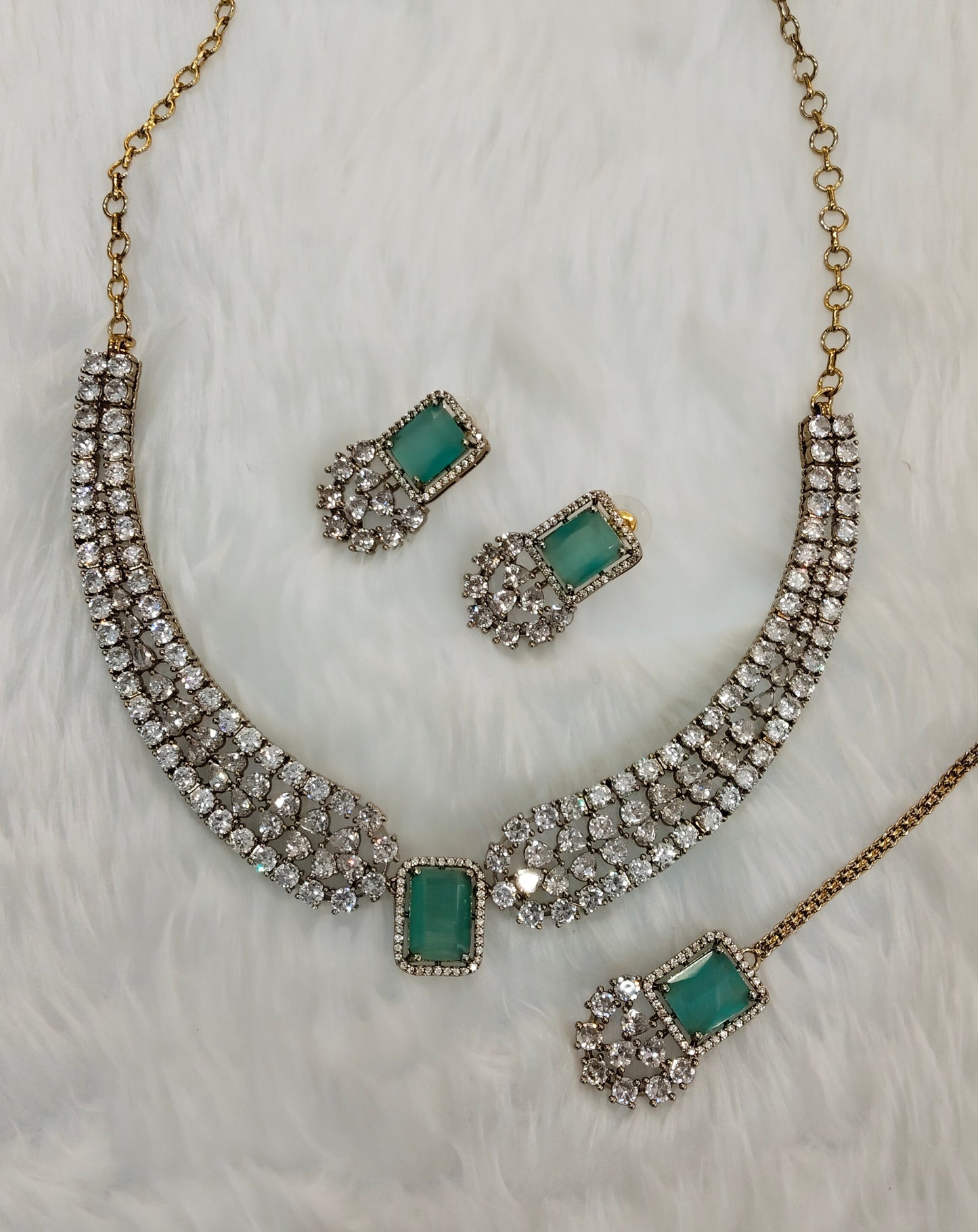 Pastel Green Antique Gold CZ Necklace Indian Jewellery Tvs Set