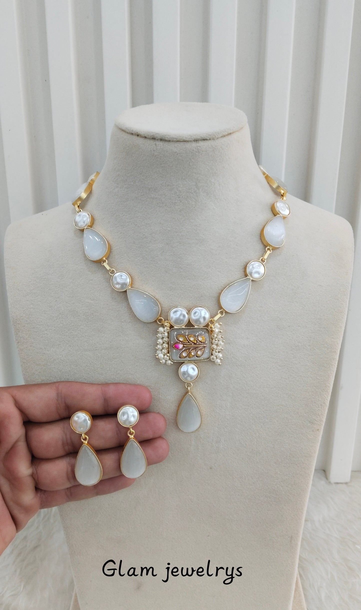 White Mother Of Pearl Stone Necklace Indian Jewellery Mahindra Set