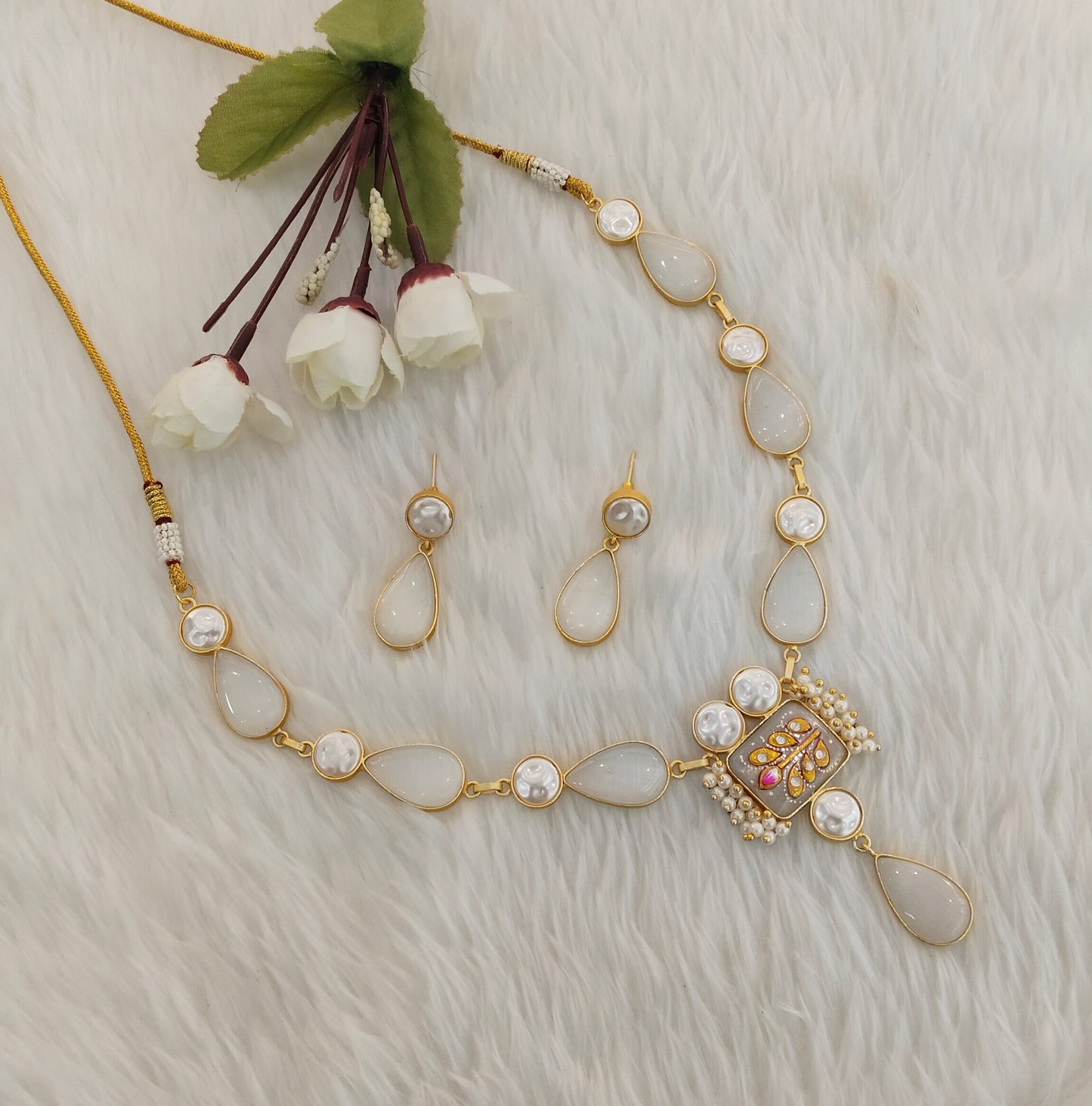 White Mother Of Pearl Stone Necklace Indian Jewellery Mahindra Set