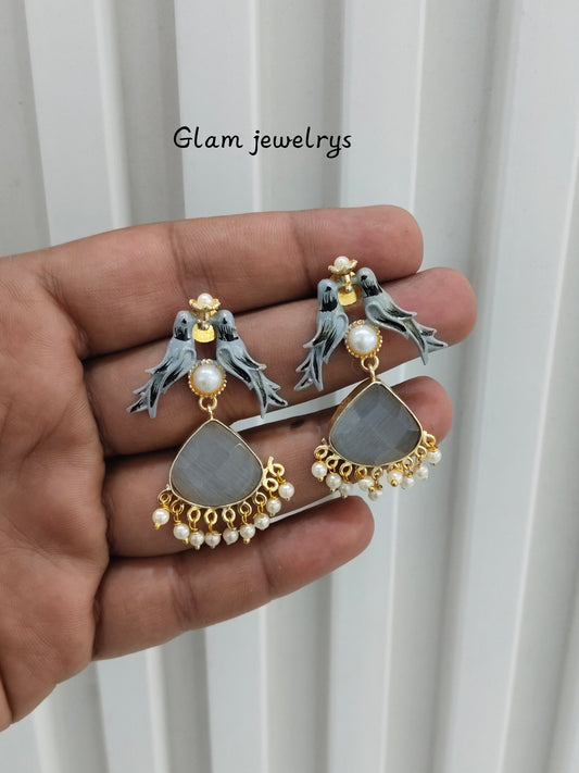 Grey Mother Of Pearl Bollywood Indian Brass Earrings