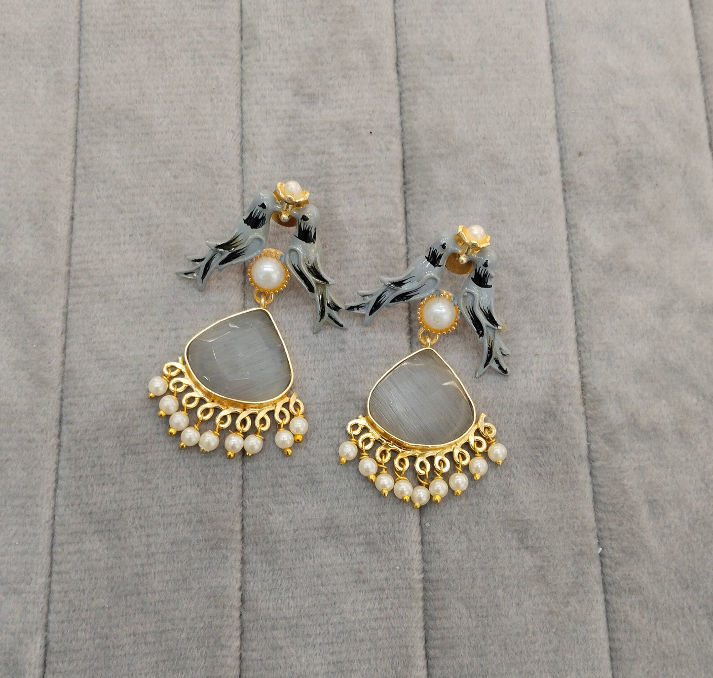 Grey Mother Of Pearl Bollywood Indian Brass Earrings