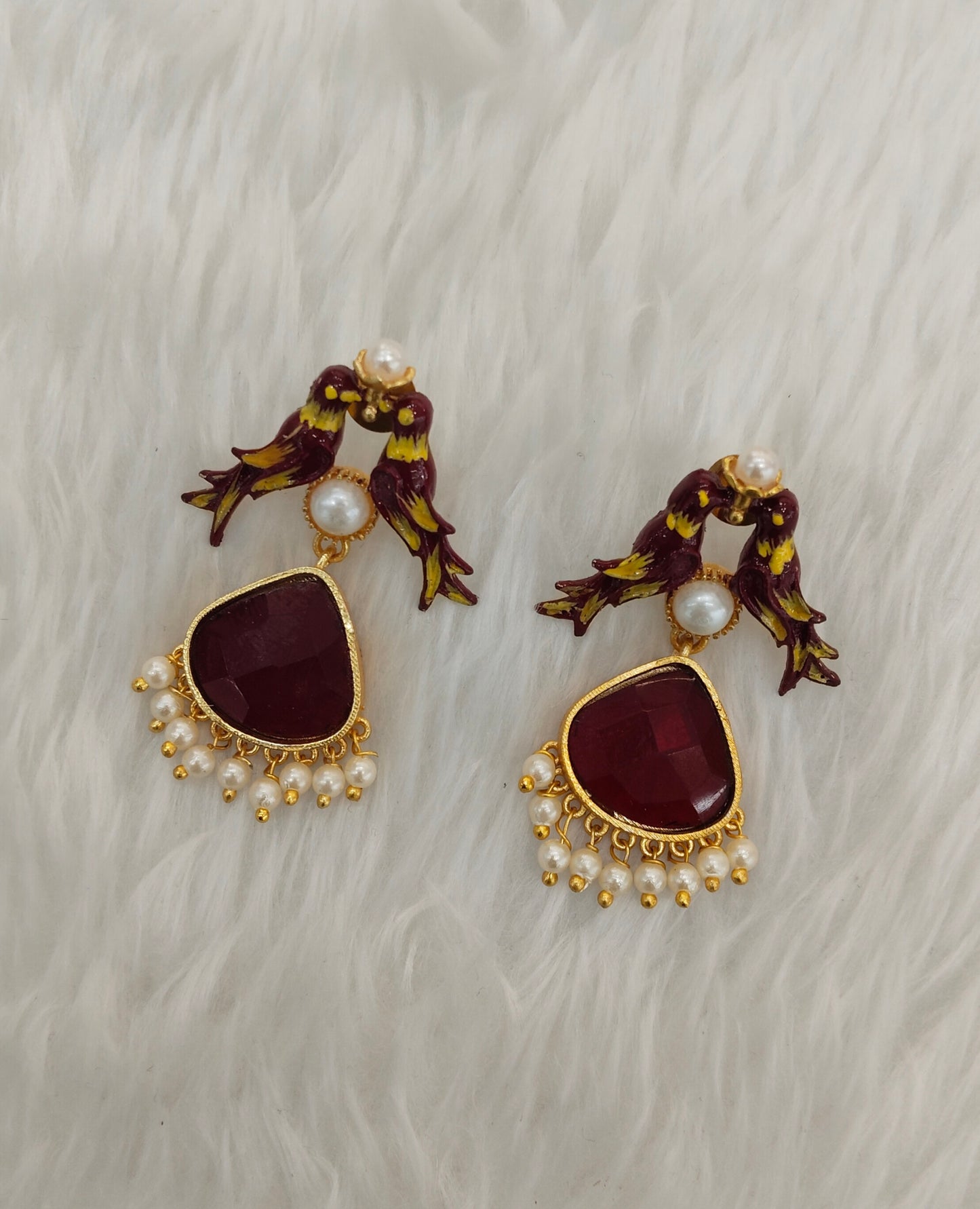 Maroon Mother Of Pearl Bollywood Indian Brass Earrings