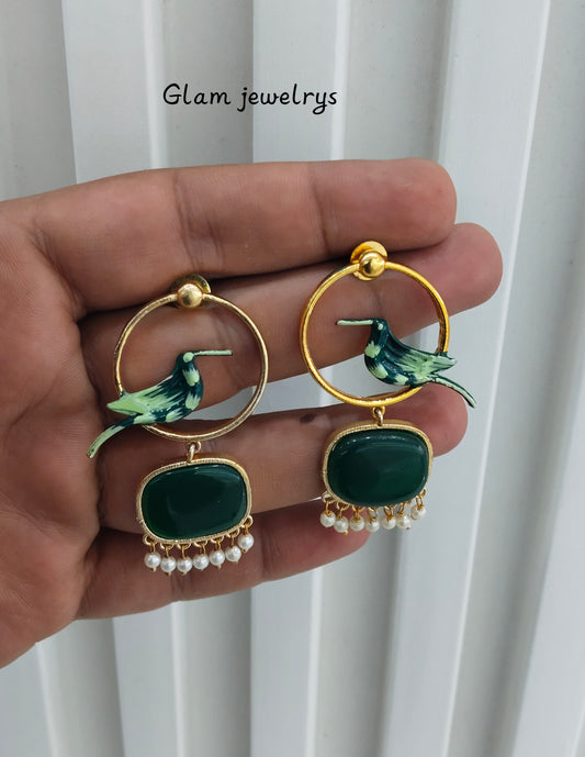 Green Mother Of Pearl Bollywood Indian Brass Earrings