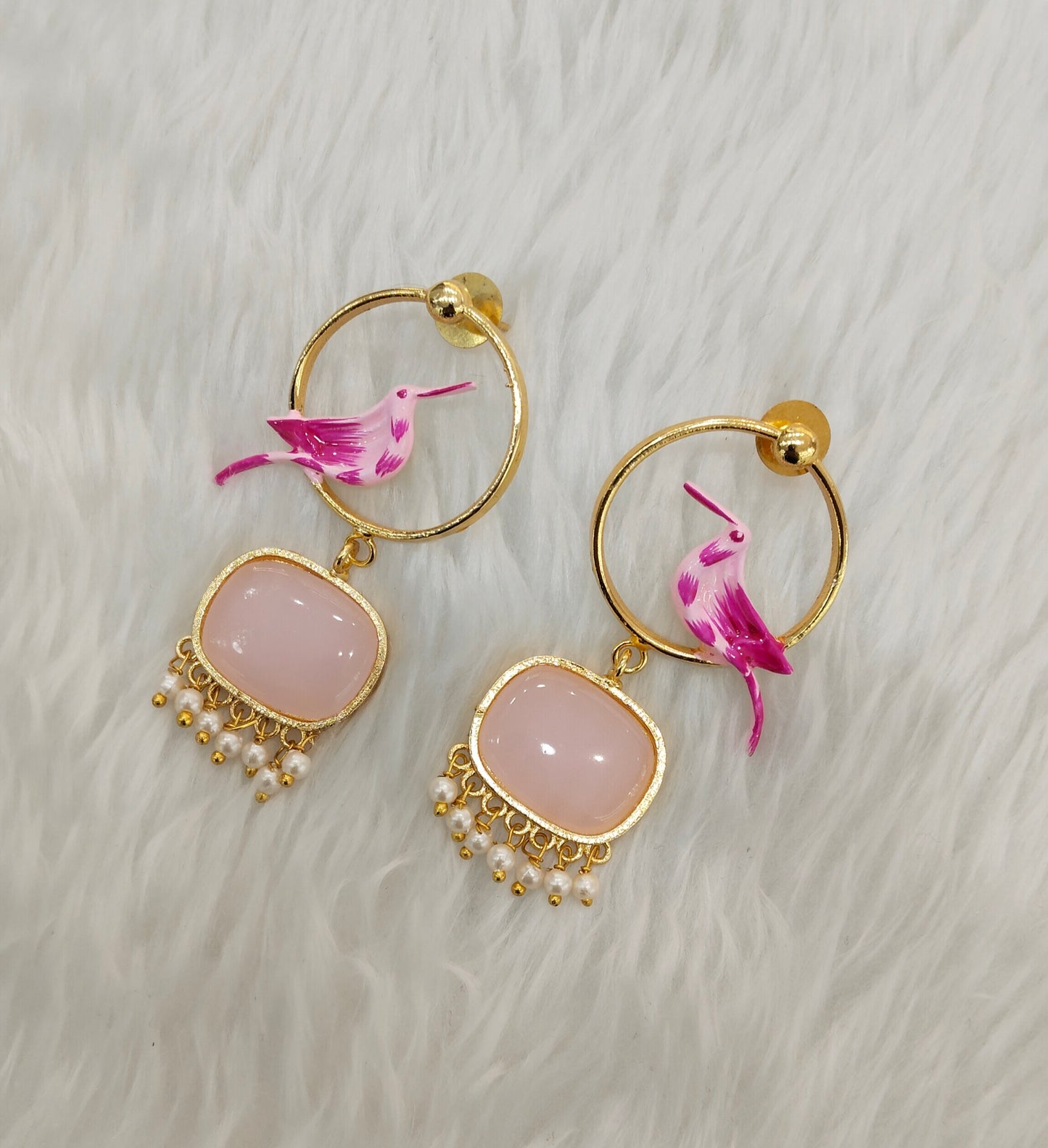 Pink Mother Of Pearl Bollywood Indian Brass Earrings