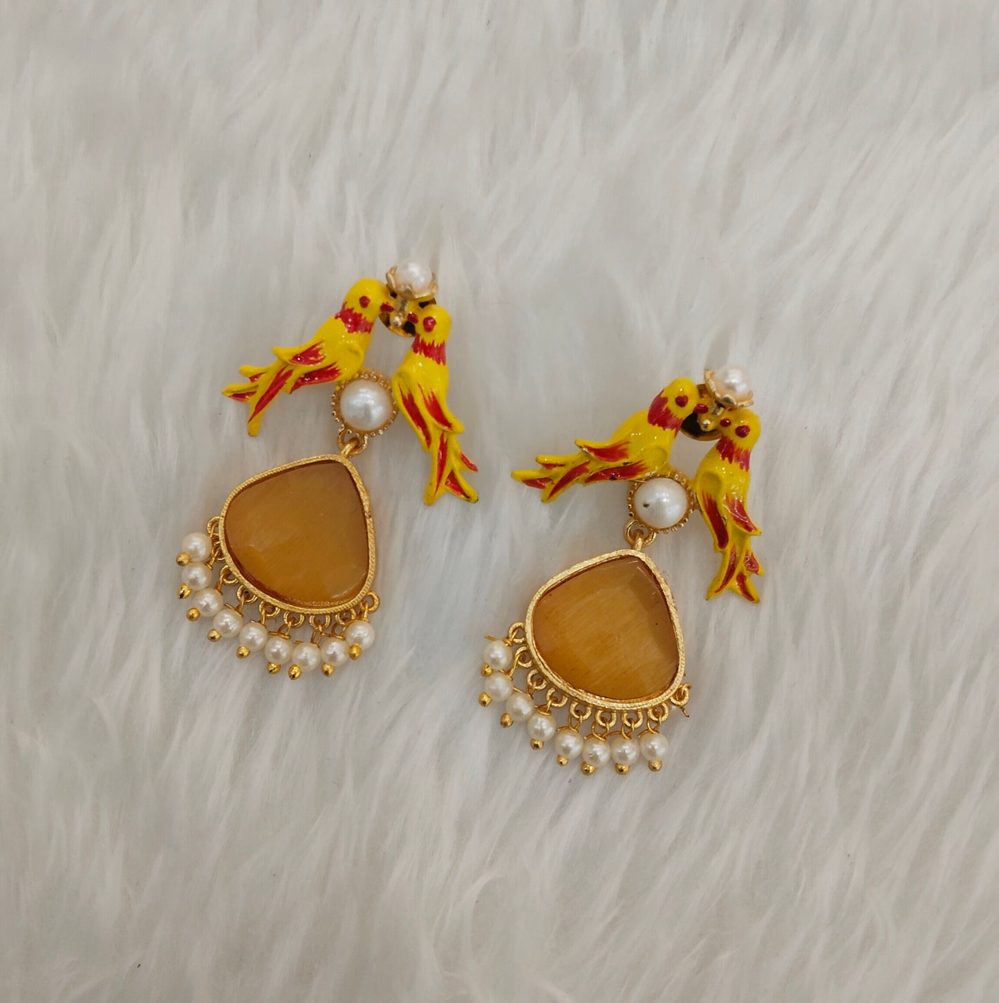 Yellow Mother Of Pearl Bollywood Indian Brass Earrings