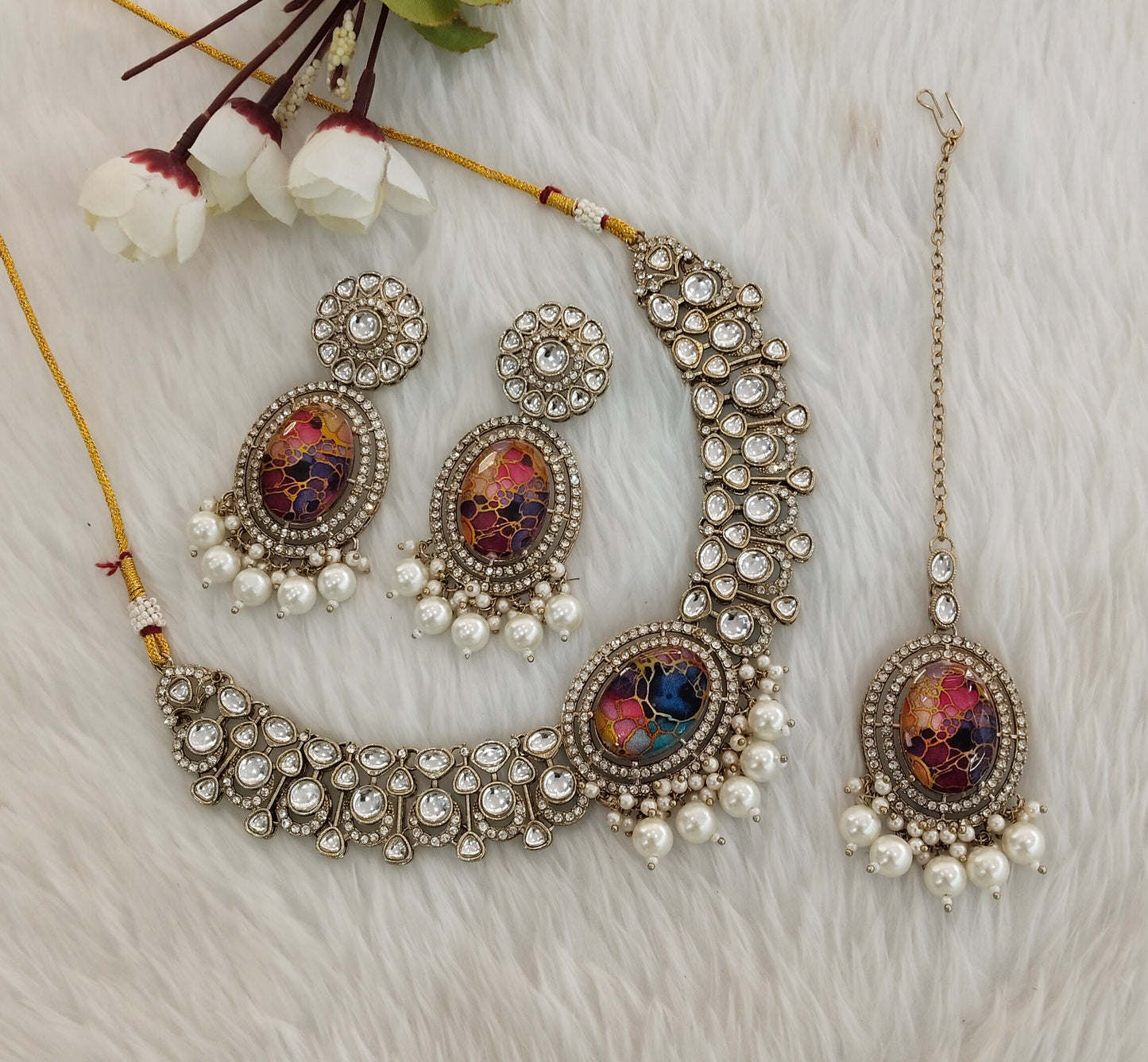 Multi Color Antique Gold Kundan Necklace Indian Jewellery Wanted Set