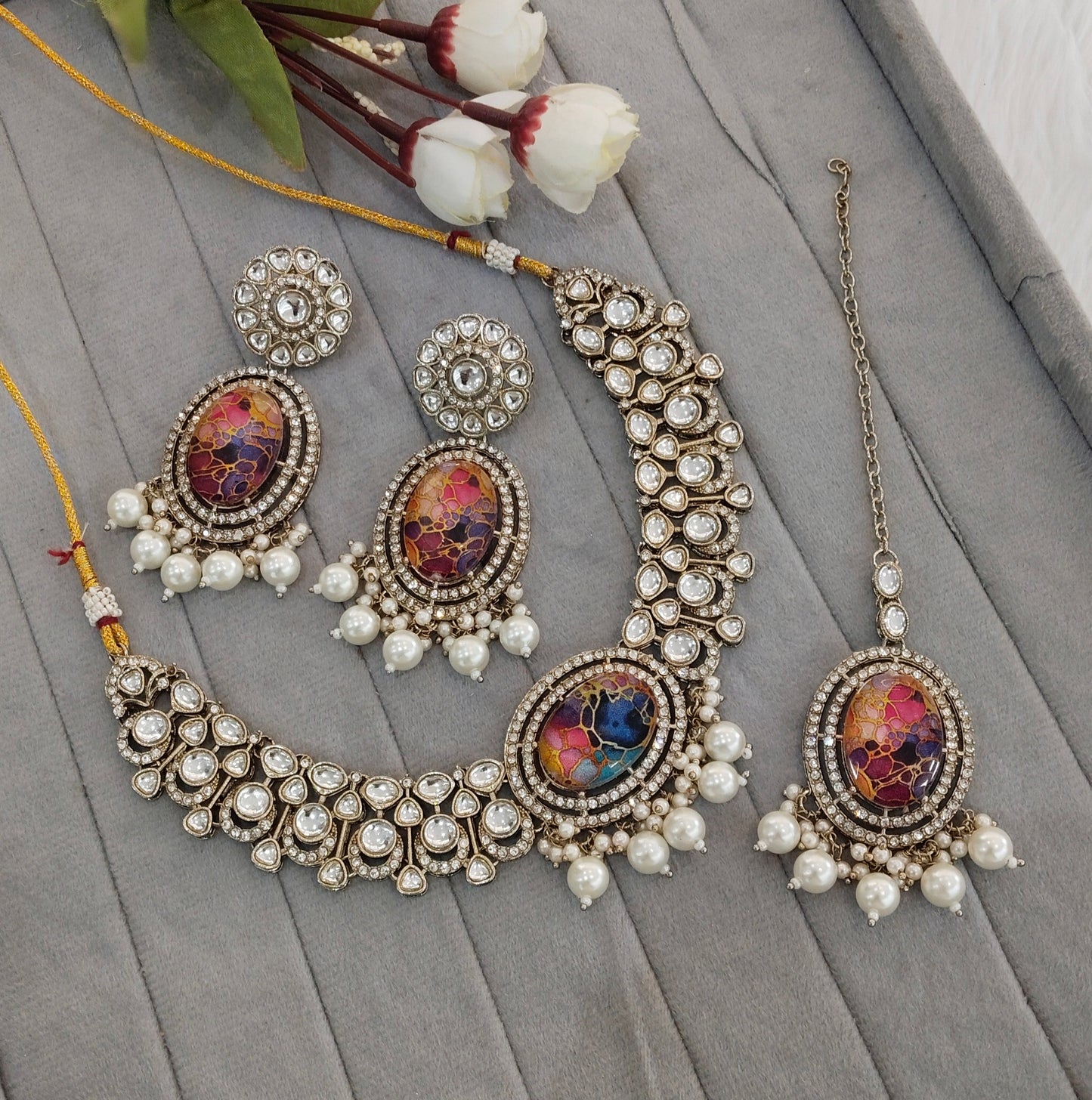 Multi Color Antique Gold Kundan Necklace Indian Jewellery Wanted Set