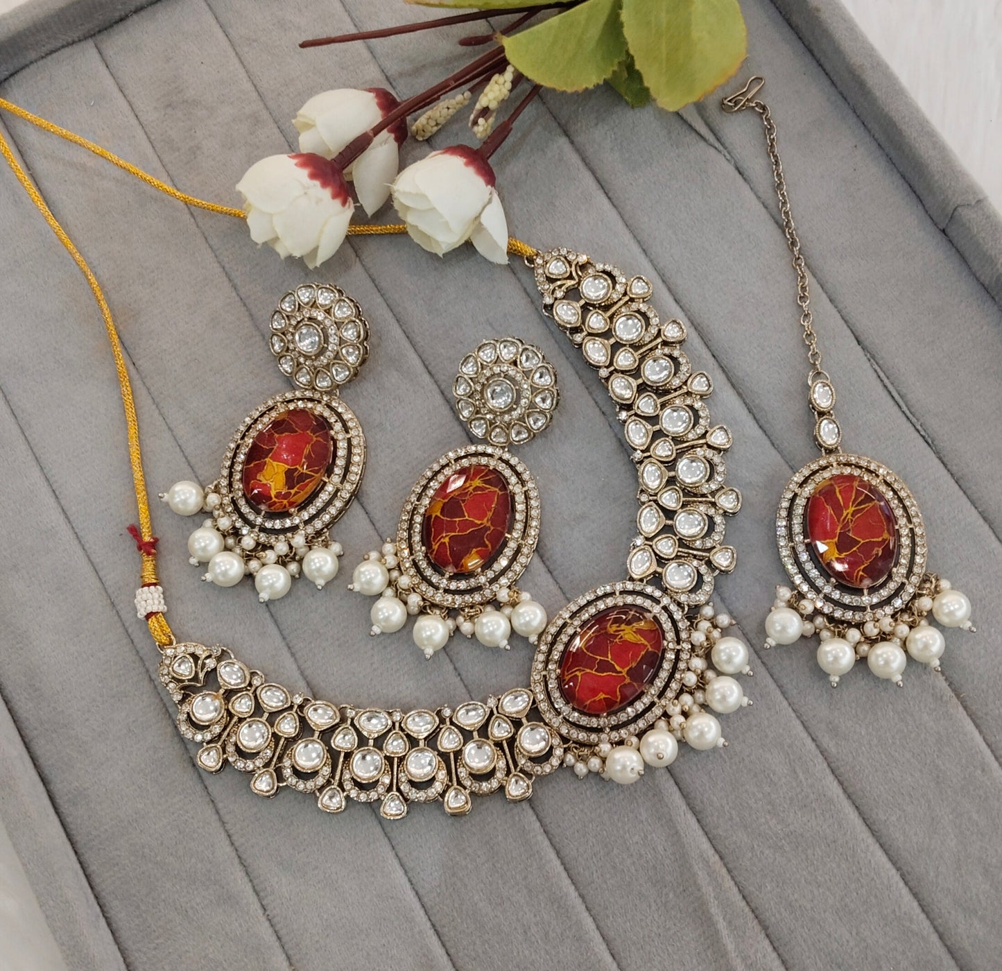 Maroon Antique Gold Kundan Necklace Indian Jewellery Wanted Set
