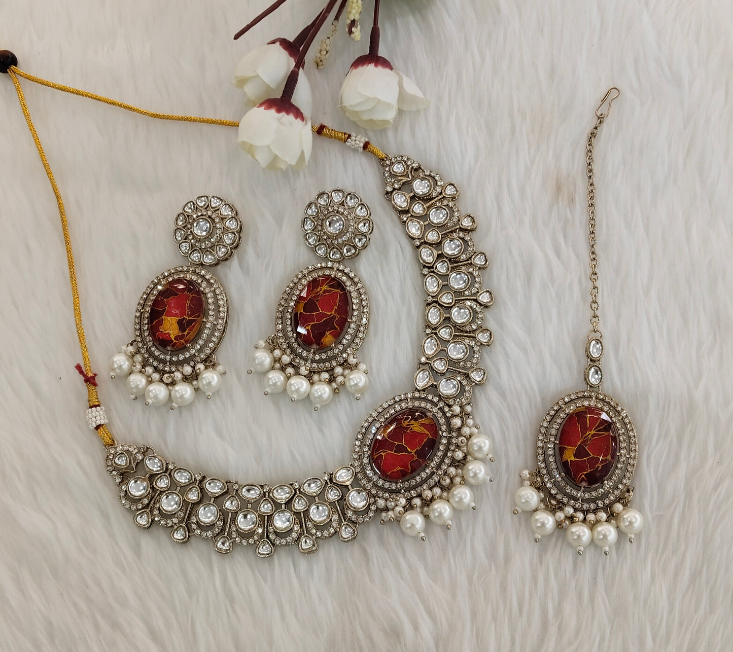 Maroon Antique Gold Kundan Necklace Indian Jewellery Wanted Set