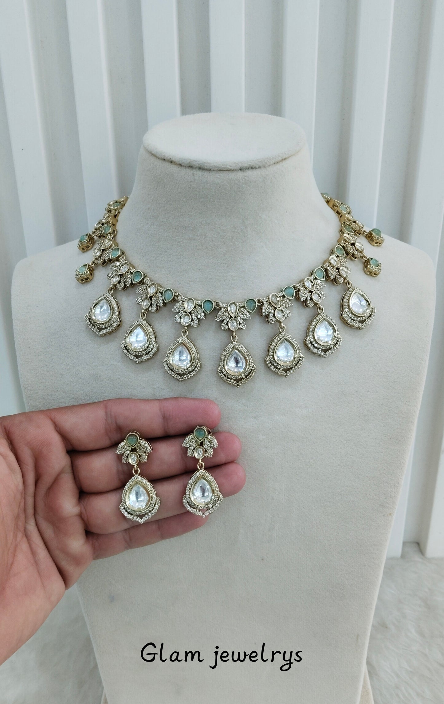 Sea Green Gold Moissanite Kundan Necklace Indian Jewellery Szunki Set