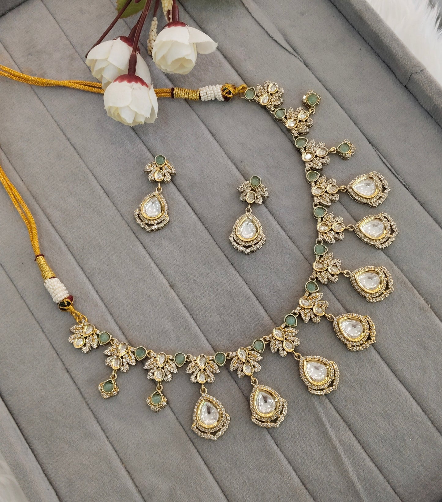 Sea Green Gold Moissanite Kundan Necklace Indian Jewellery Szunki Set