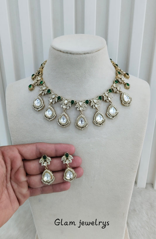 Green Gold Moissanite Kundan Necklace Indian Jewellery Szunki Set