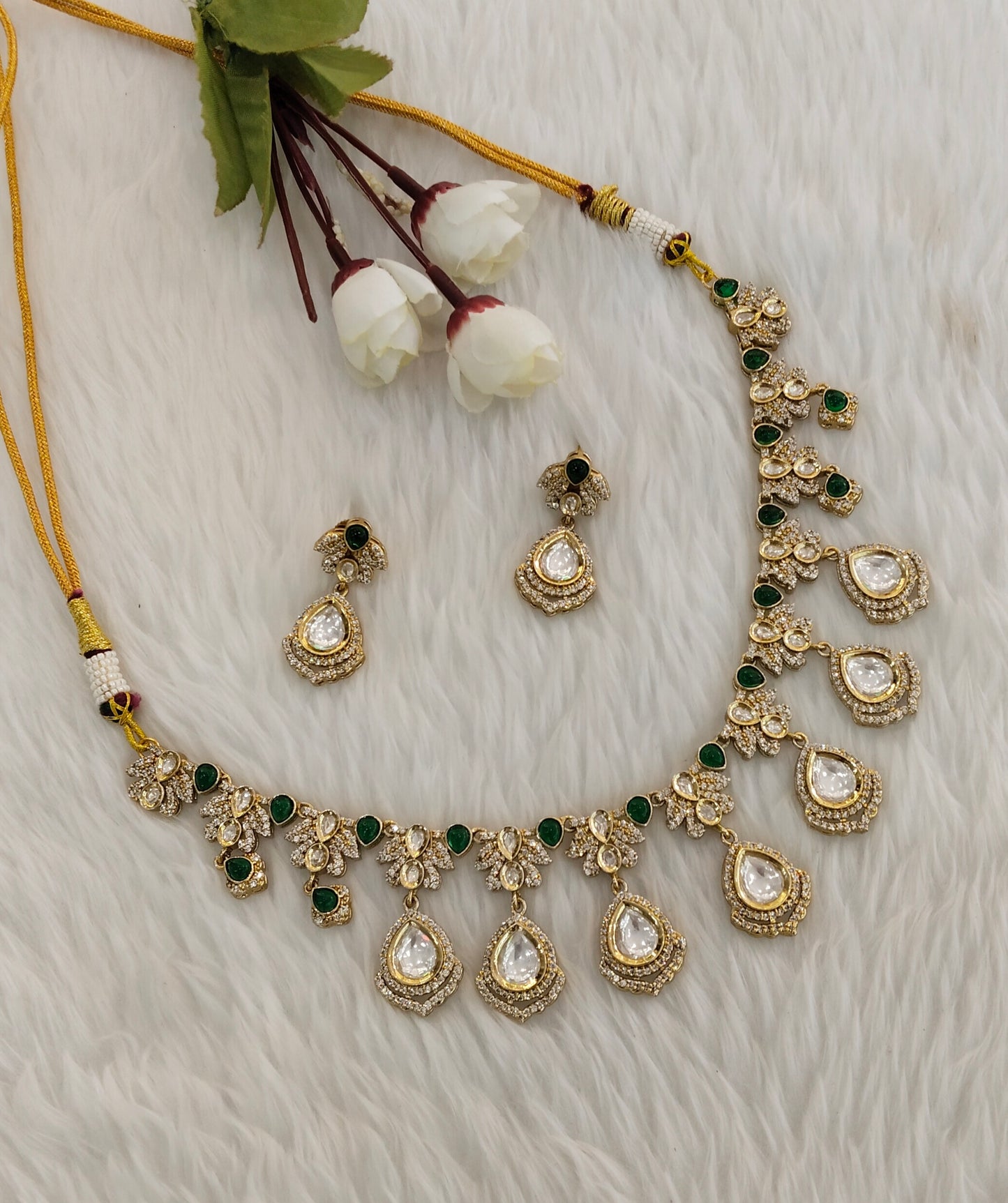 Green Gold Moissanite Kundan Necklace Indian Jewellery Szunki Set