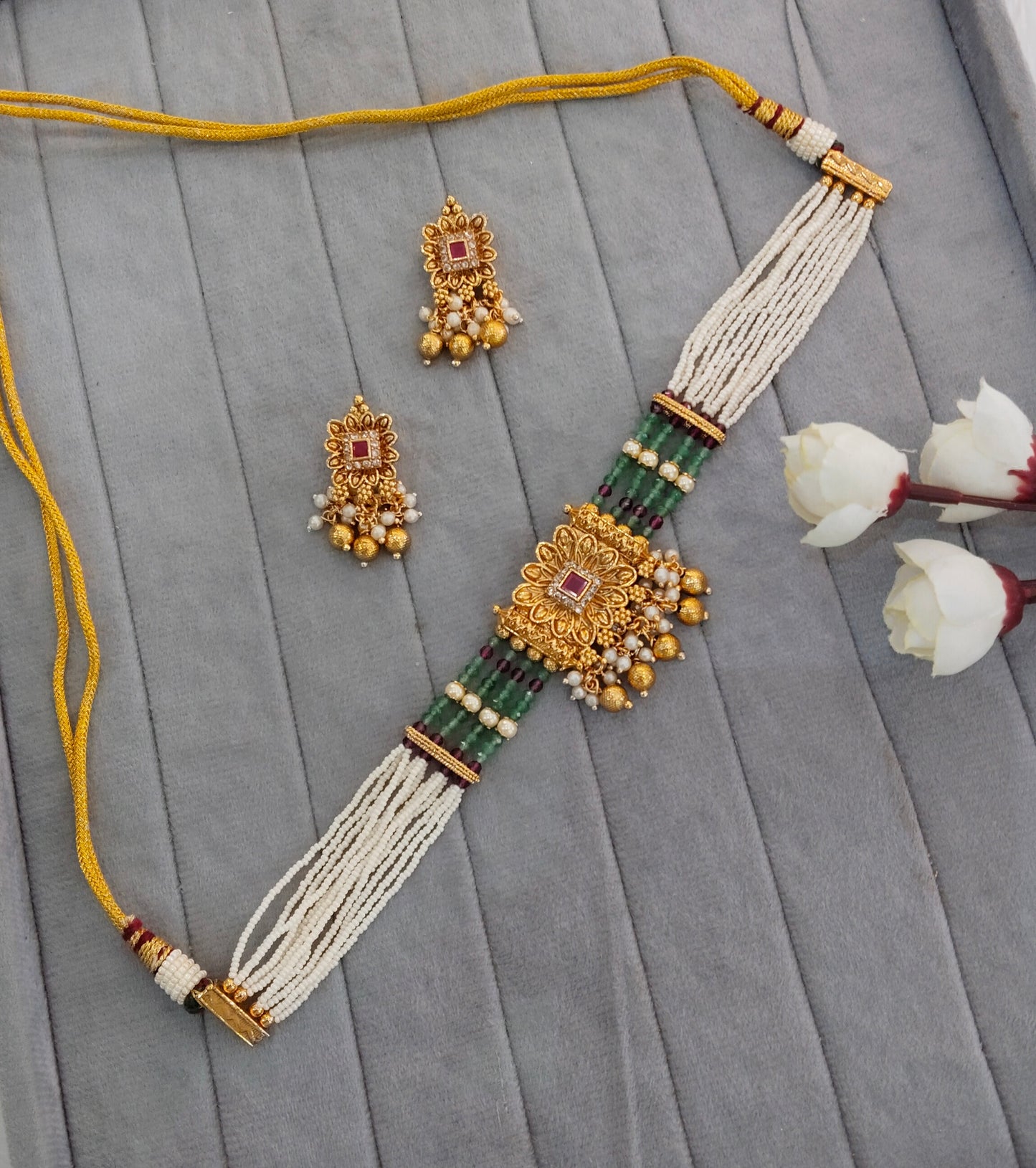Ruby Sage Green Gold Polki Choker Indian Jewellery Udham Set