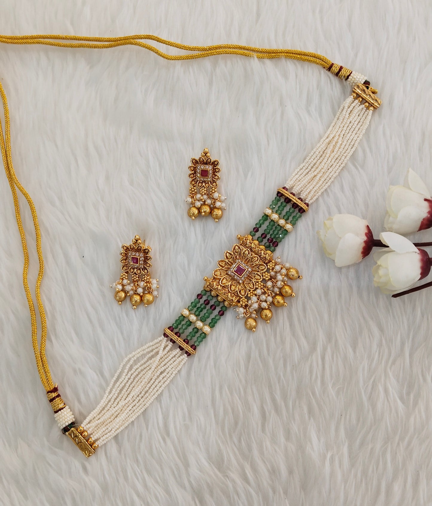 Ruby Sage Green Gold Polki Choker Indian Jewellery Udham Set