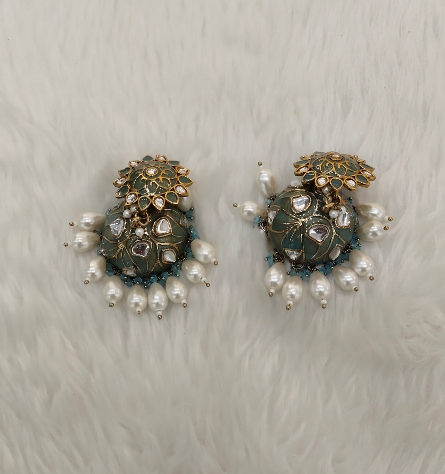 Sea Green Antique Gold jhumka Bollywood Indian Shota Earrings