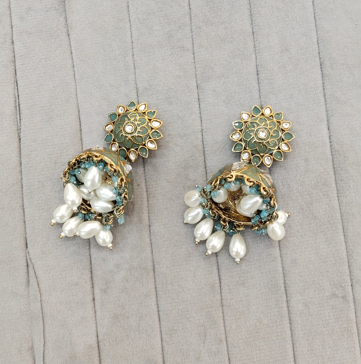 Sea Green Antique Gold jhumka Bollywood Indian Shota Earrings