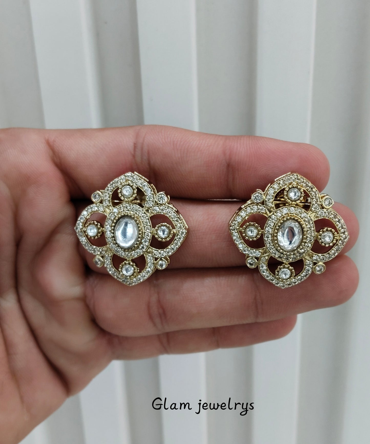 Gold Moissanite Kundan Bollywood Indian Dhillon Earrings