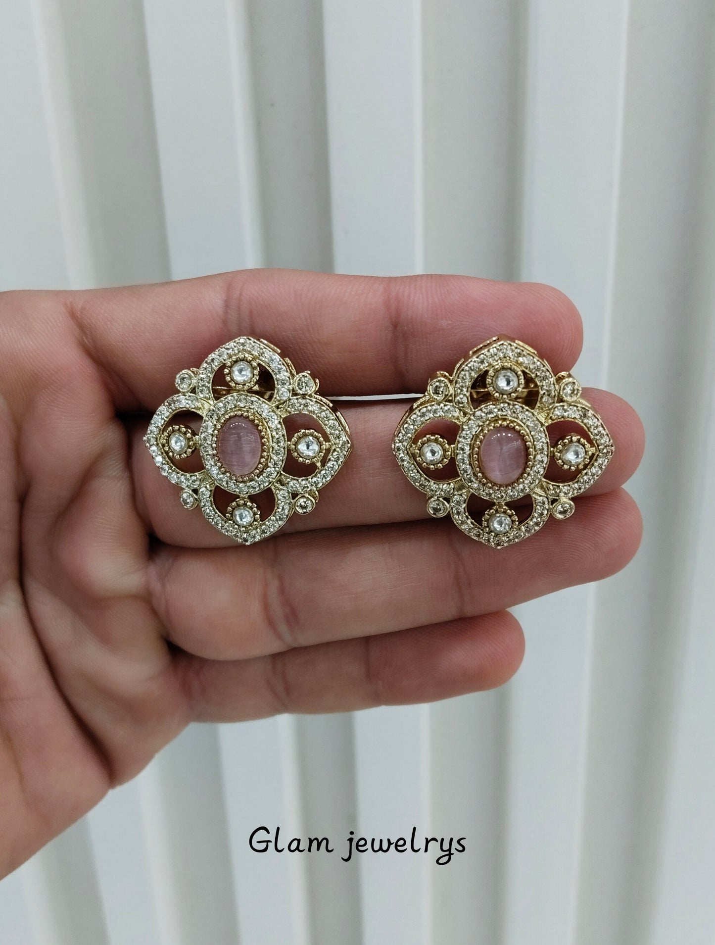 Pink Moissanite Kundan Bollywood Indian Dhillon Earrings