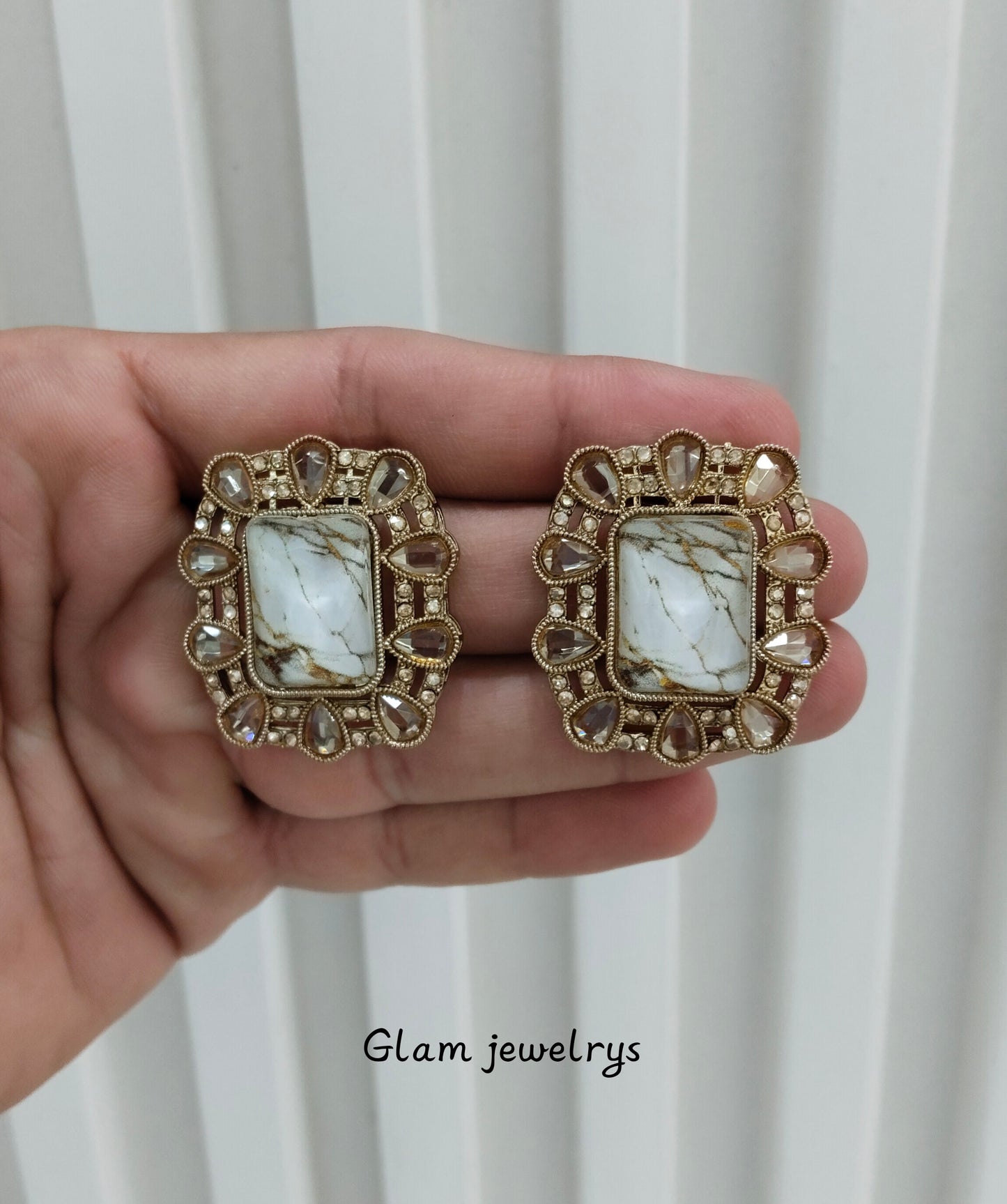 White Antique Gold Bollywood Indian Jandu Earrings