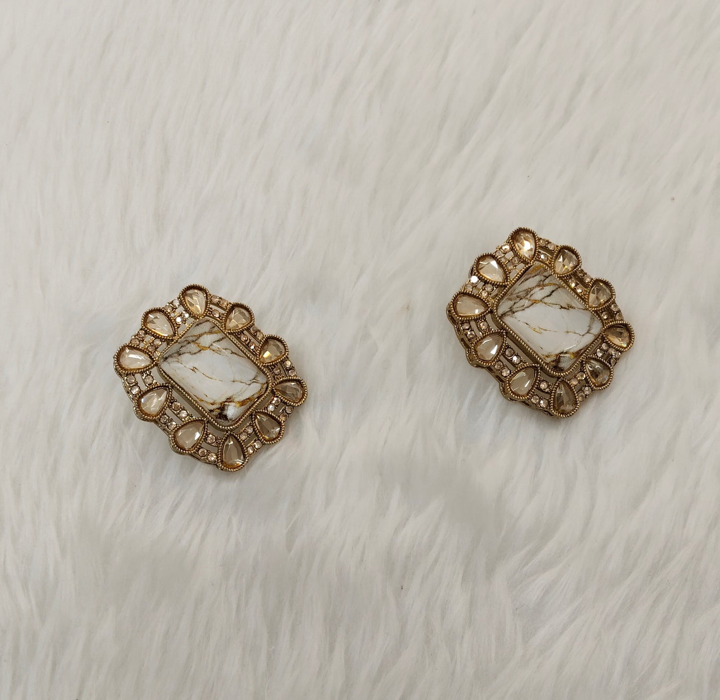 White Antique Gold Bollywood Indian Jandu Earrings