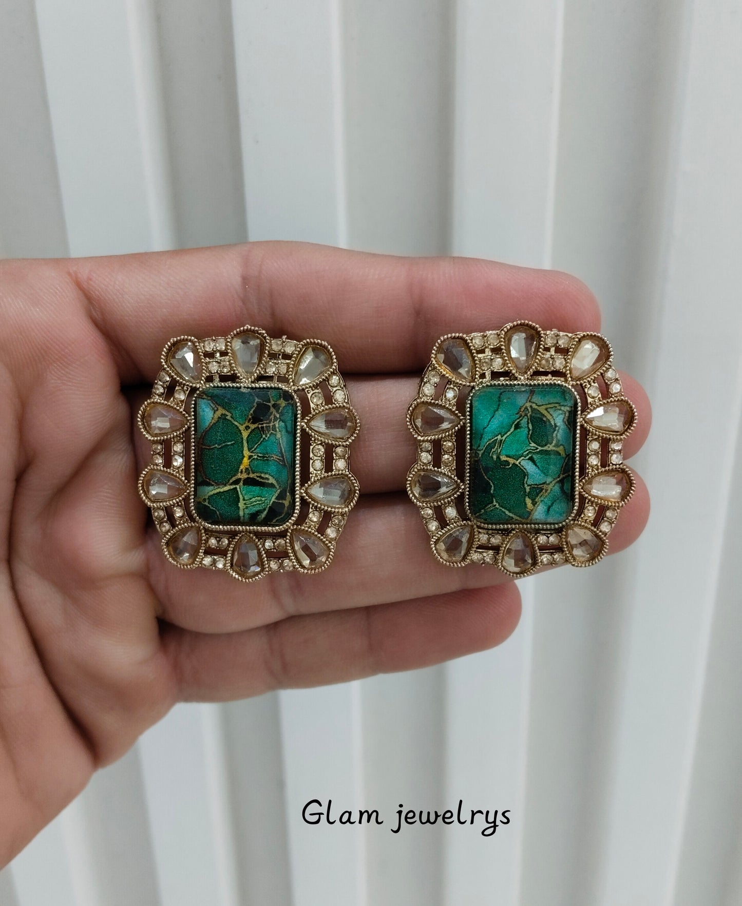 Green Antique Gold Bollywood Indian Jandu Earrings