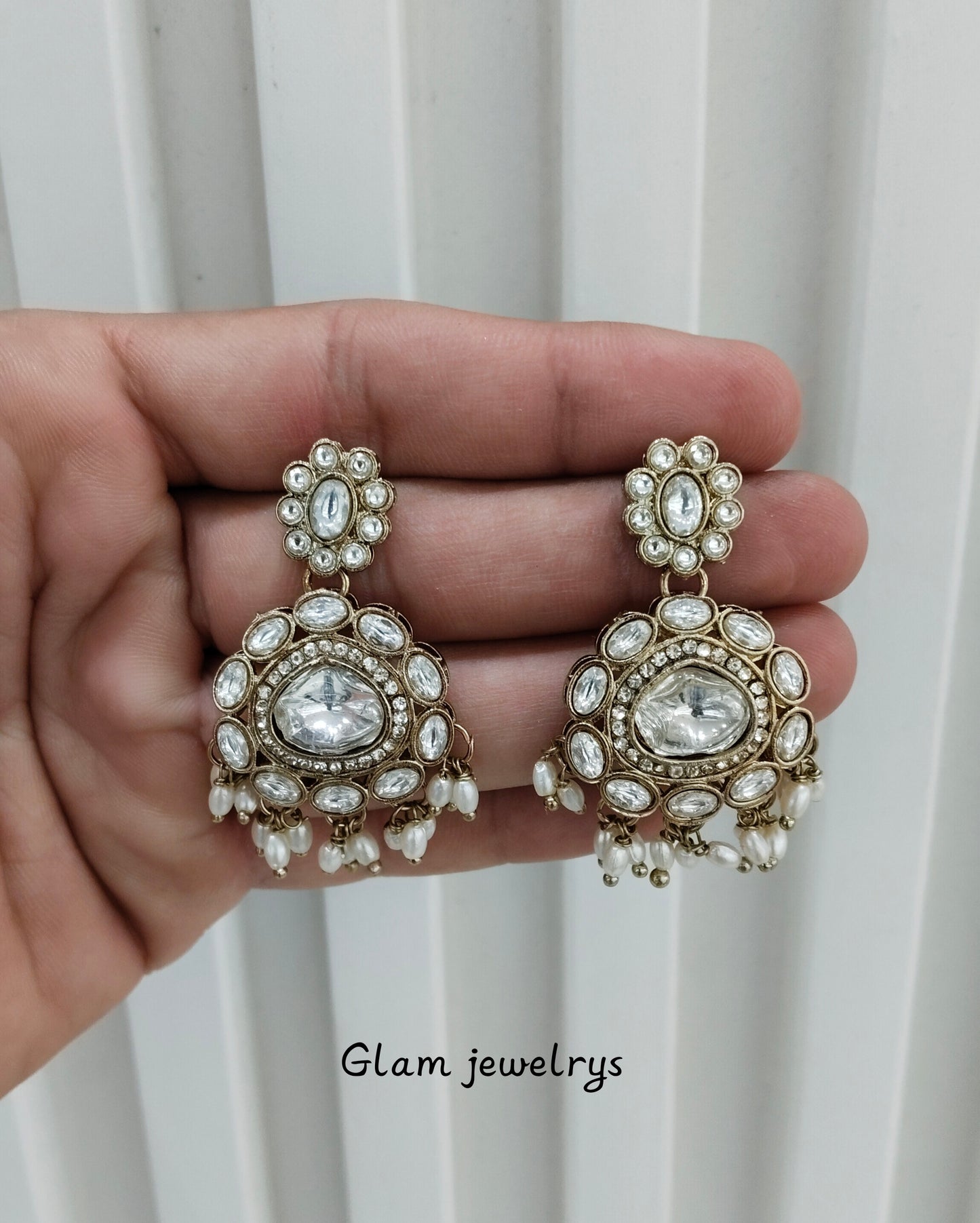 White Antique Gold Bollywood Indian Jandu Earrings