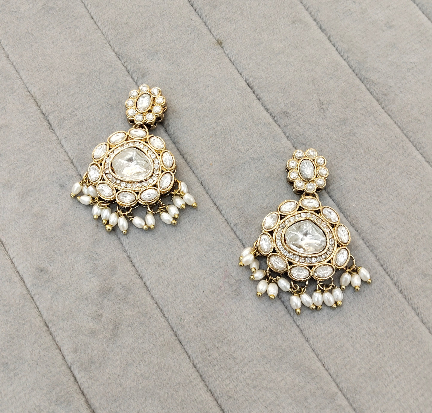 White Antique Gold Bollywood Indian Jandu Earrings