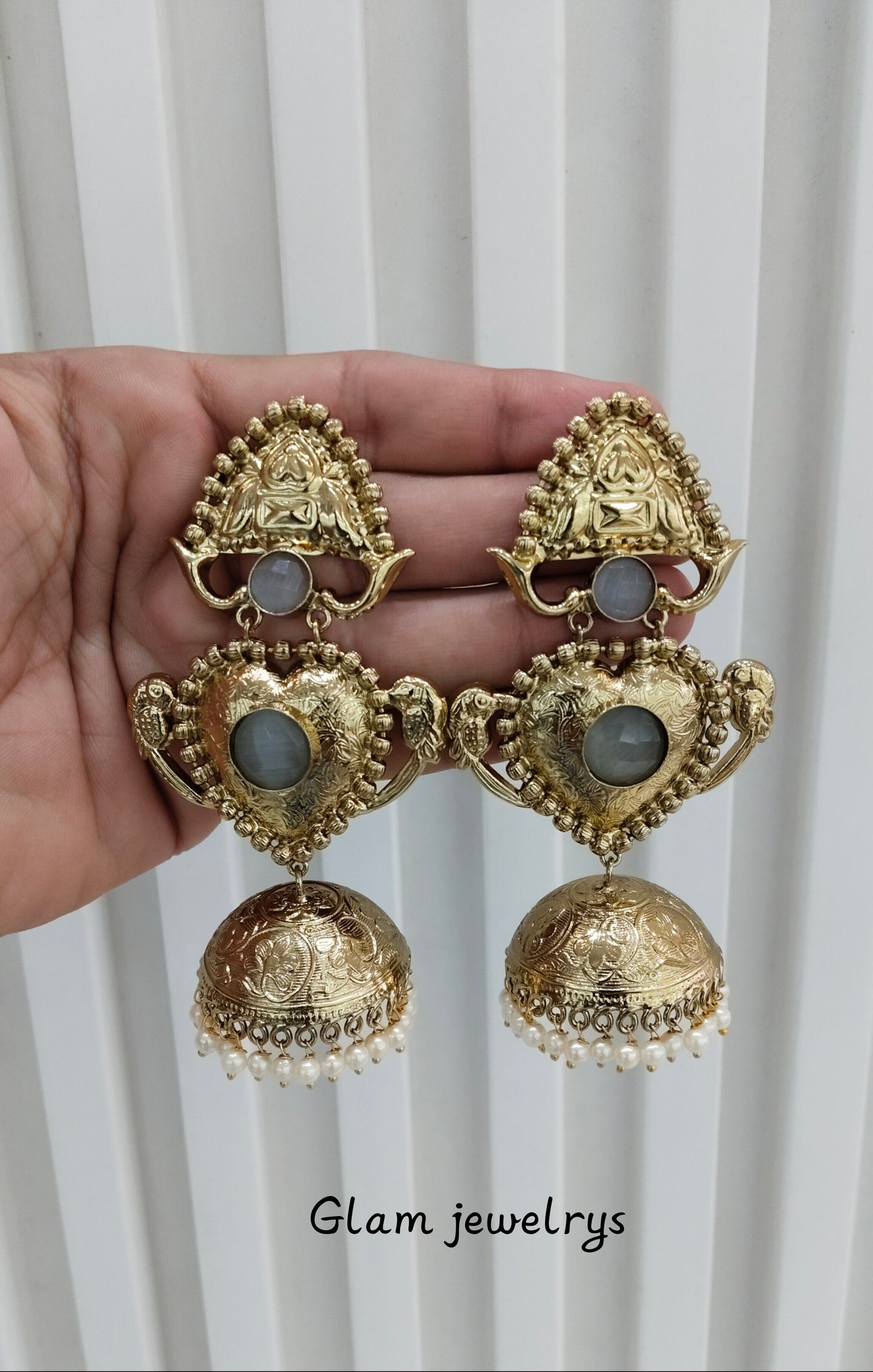 Grey Antique Gold Bollywood Indian Sidhu Earrings
