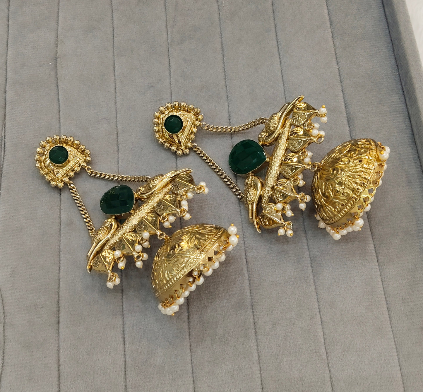 Green Antique Gold Jhumka Indian Bollywood Keshav Earrings