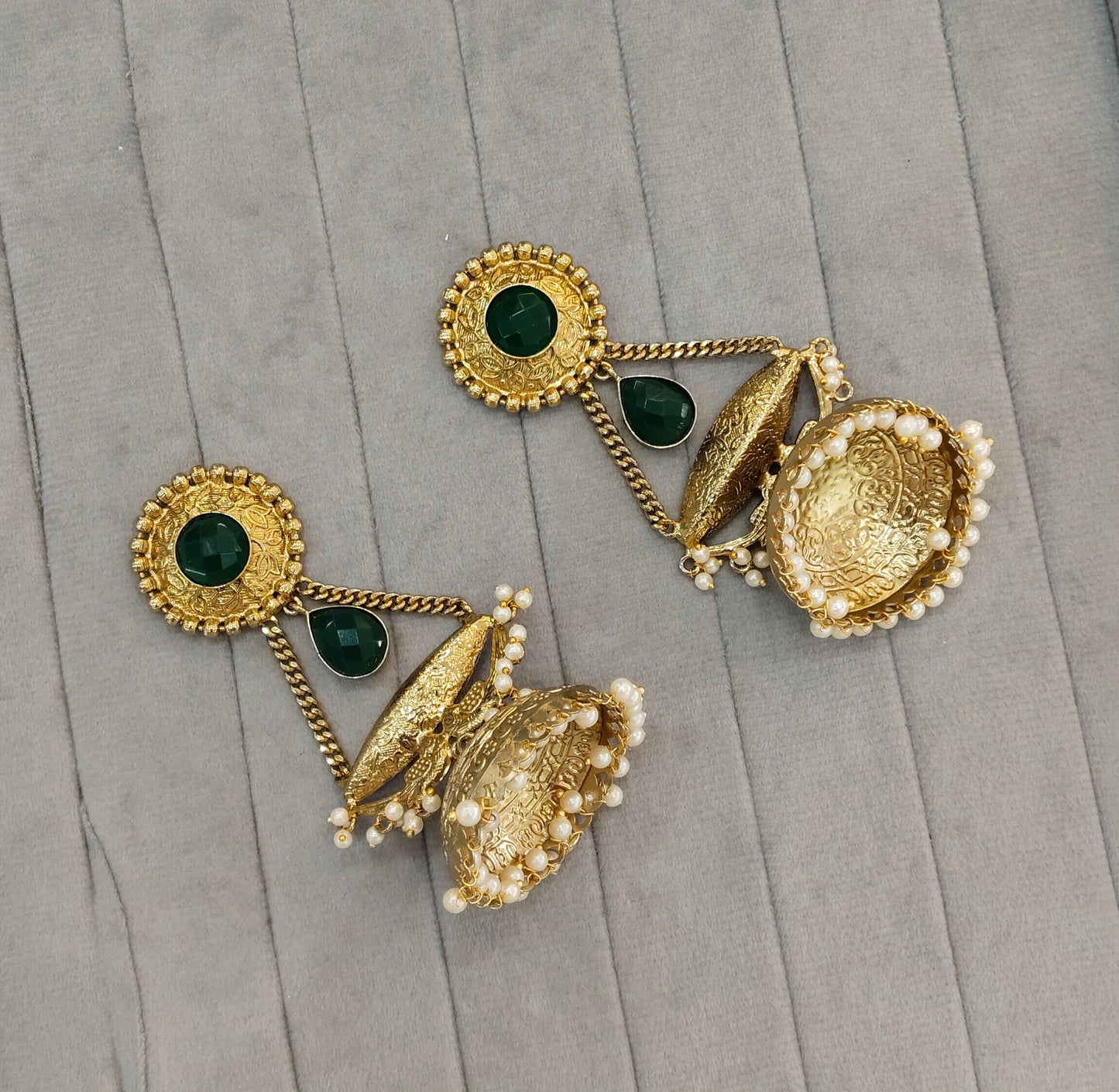 Green Antique Gold Jhumka Indian Bollywood Keshav Earrings