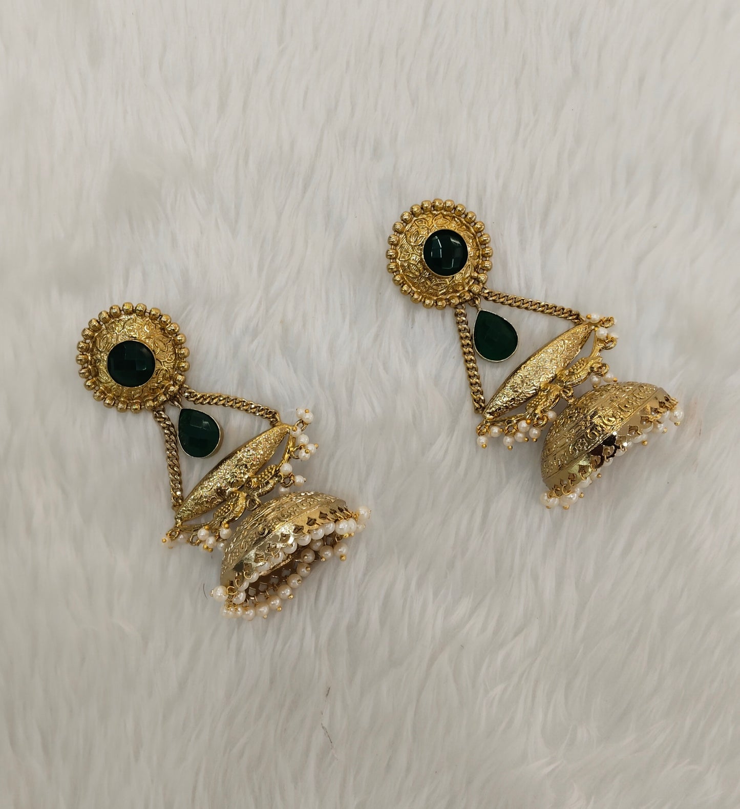 Green Antique Gold Jhumka Indian Bollywood Keshav Earrings