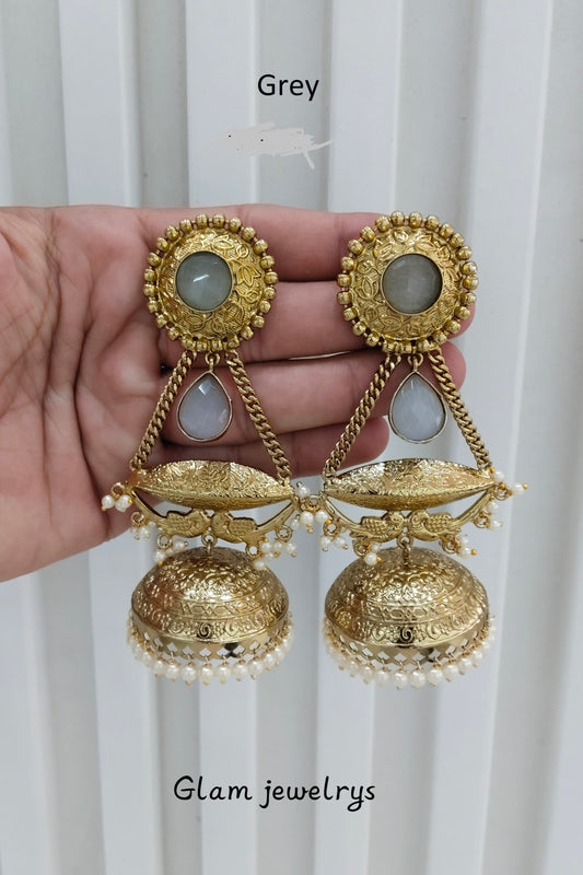 Grey Antique Gold Jhumka Indian Bollywood Keshav Earrings