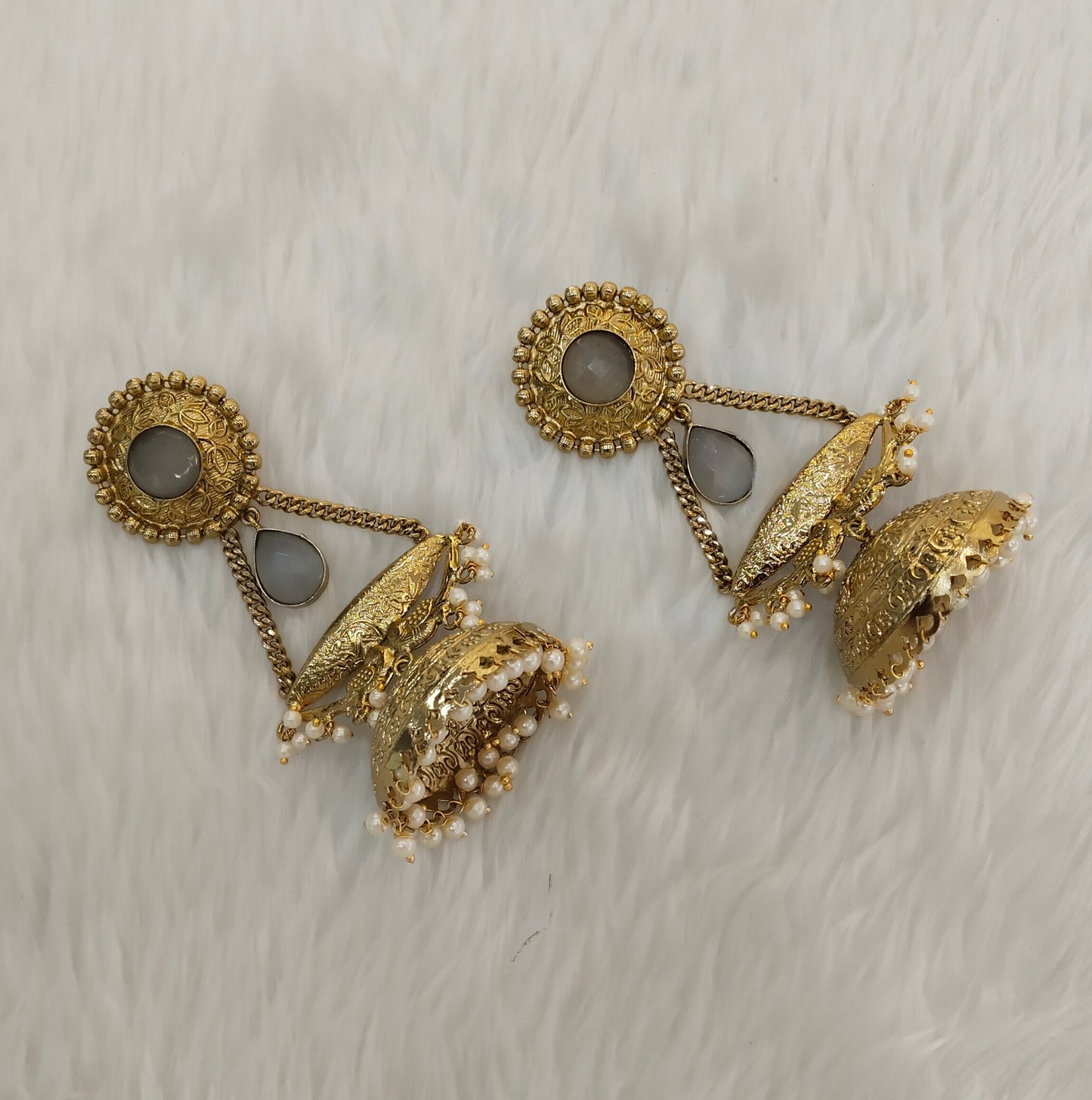 Grey Antique Gold Jhumka Indian Bollywood Keshav Earrings