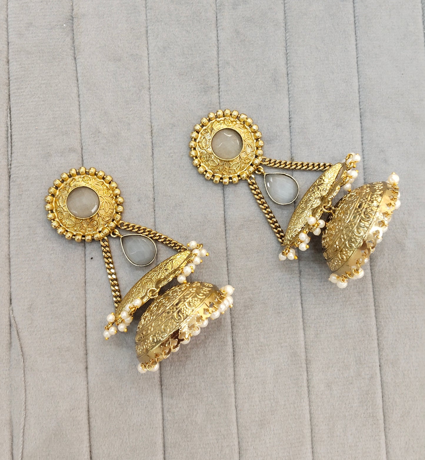 Grey Antique Gold Jhumka Indian Bollywood Keshav Earrings