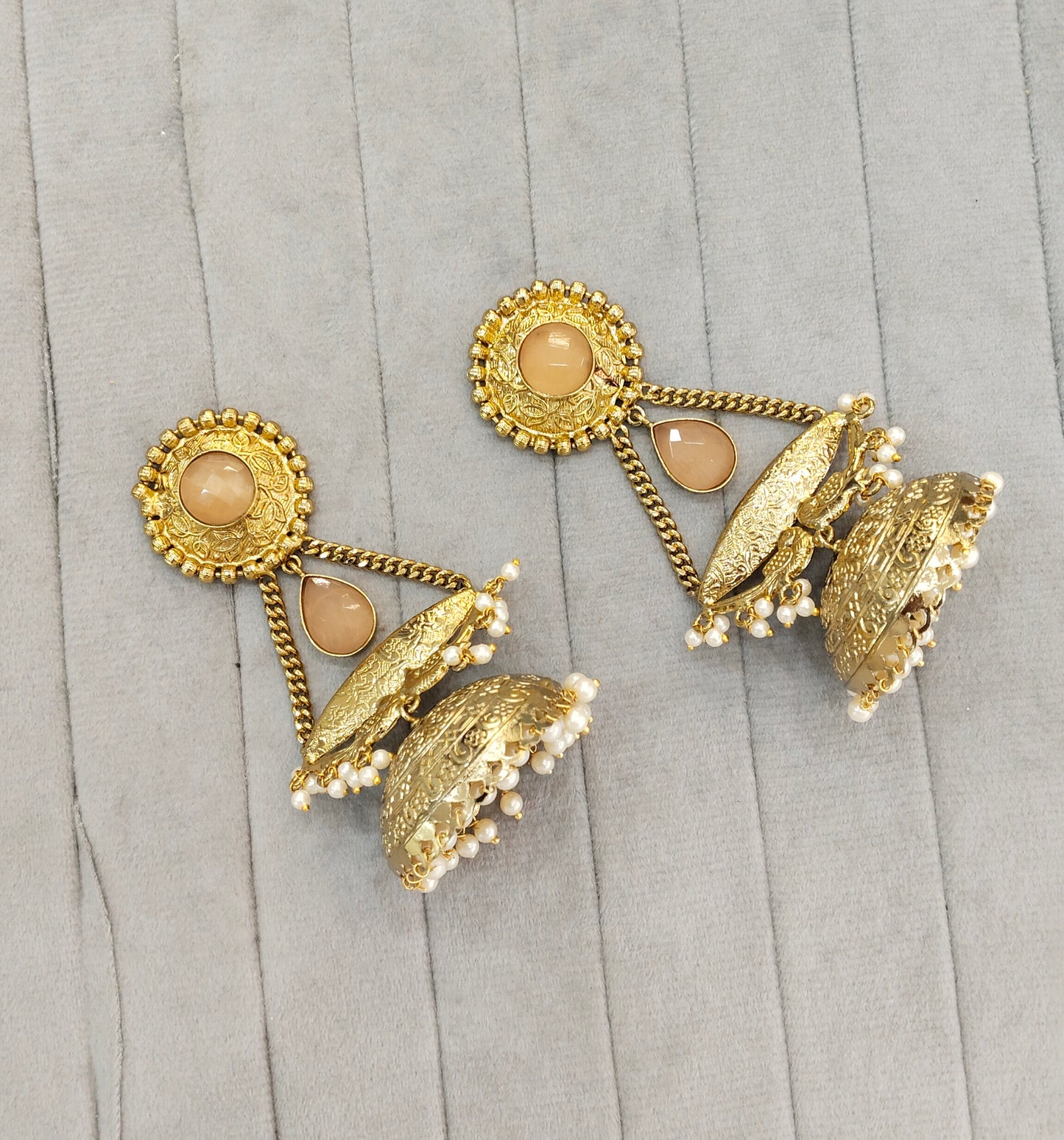 Peach Antique Gold Jhumka Indian Bollywood Keshav Earrings