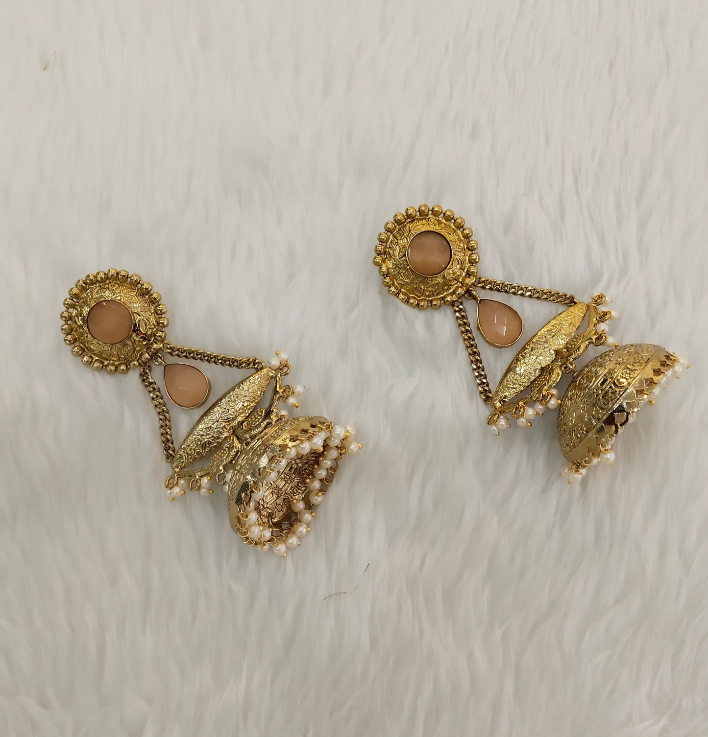 Peach Antique Gold Jhumka Indian Bollywood Keshav Earrings