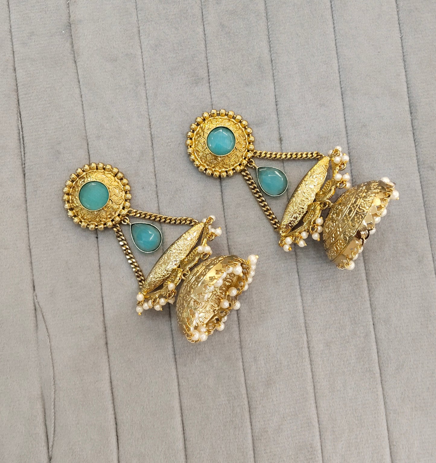 Sky Blue Antique Gold Jhumka Indian Bollywood Keshav Earrings