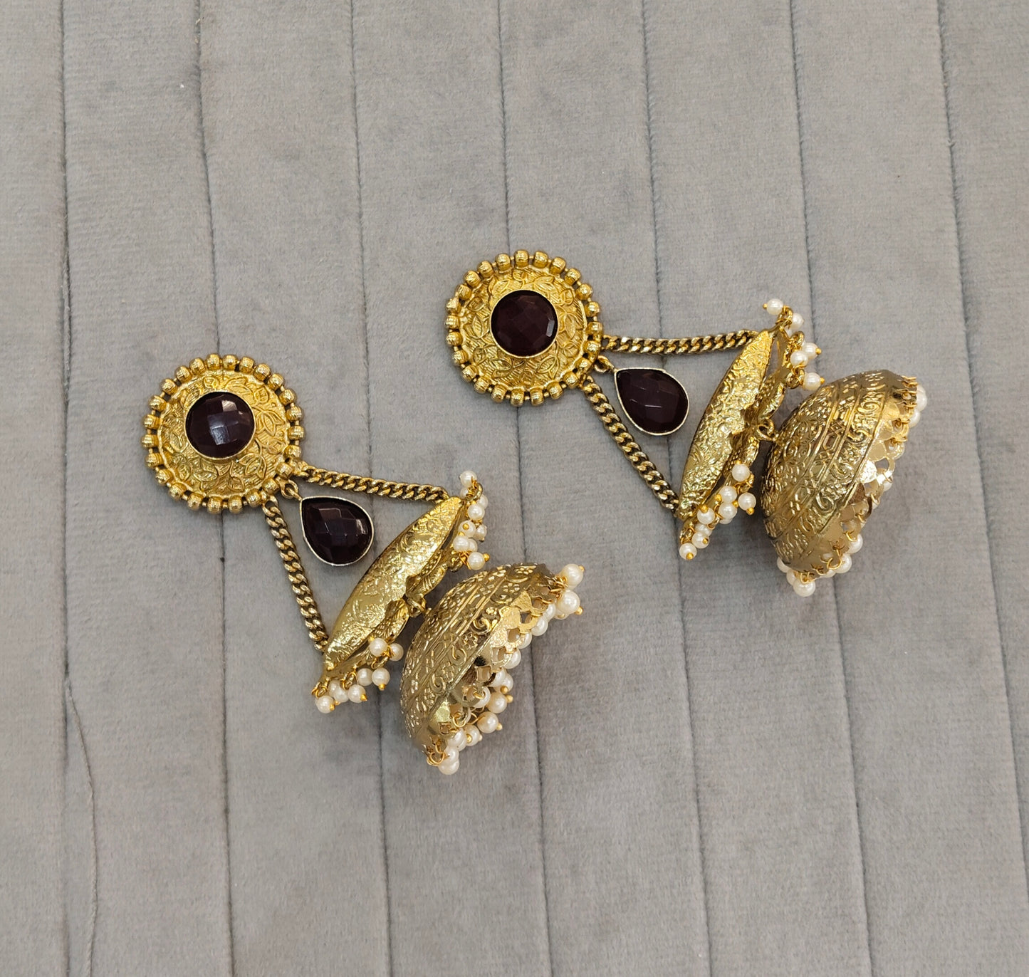 Maroon Antique Gold Jhumka Indian Bollywood Keshav Earrings