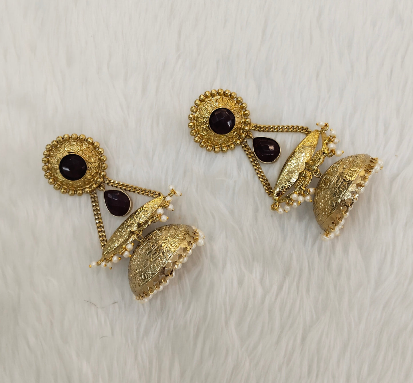 Maroon Antique Gold Jhumka Indian Bollywood Keshav Earrings