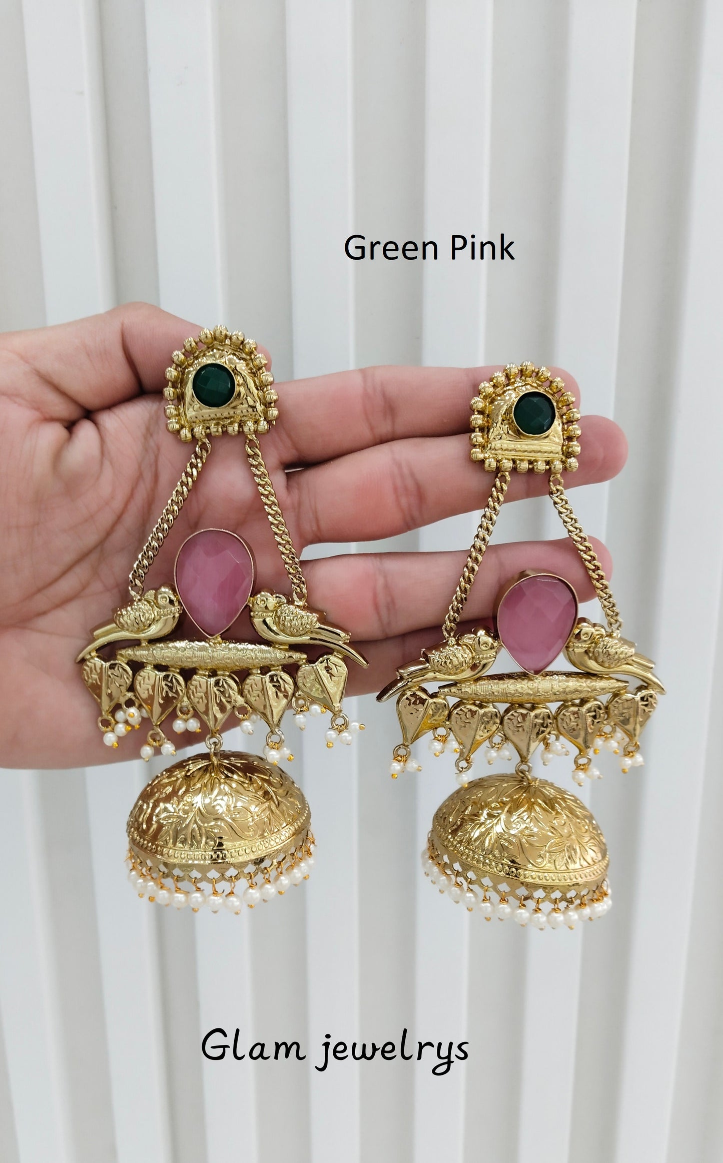 Pink Green Antique Gold Jhumka Indian Bollywood Keshav Earrings