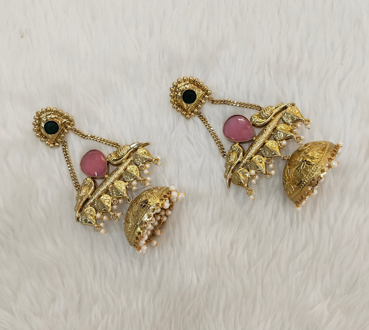 Pink Green Antique Gold Jhumka Indian Bollywood Keshav Earrings