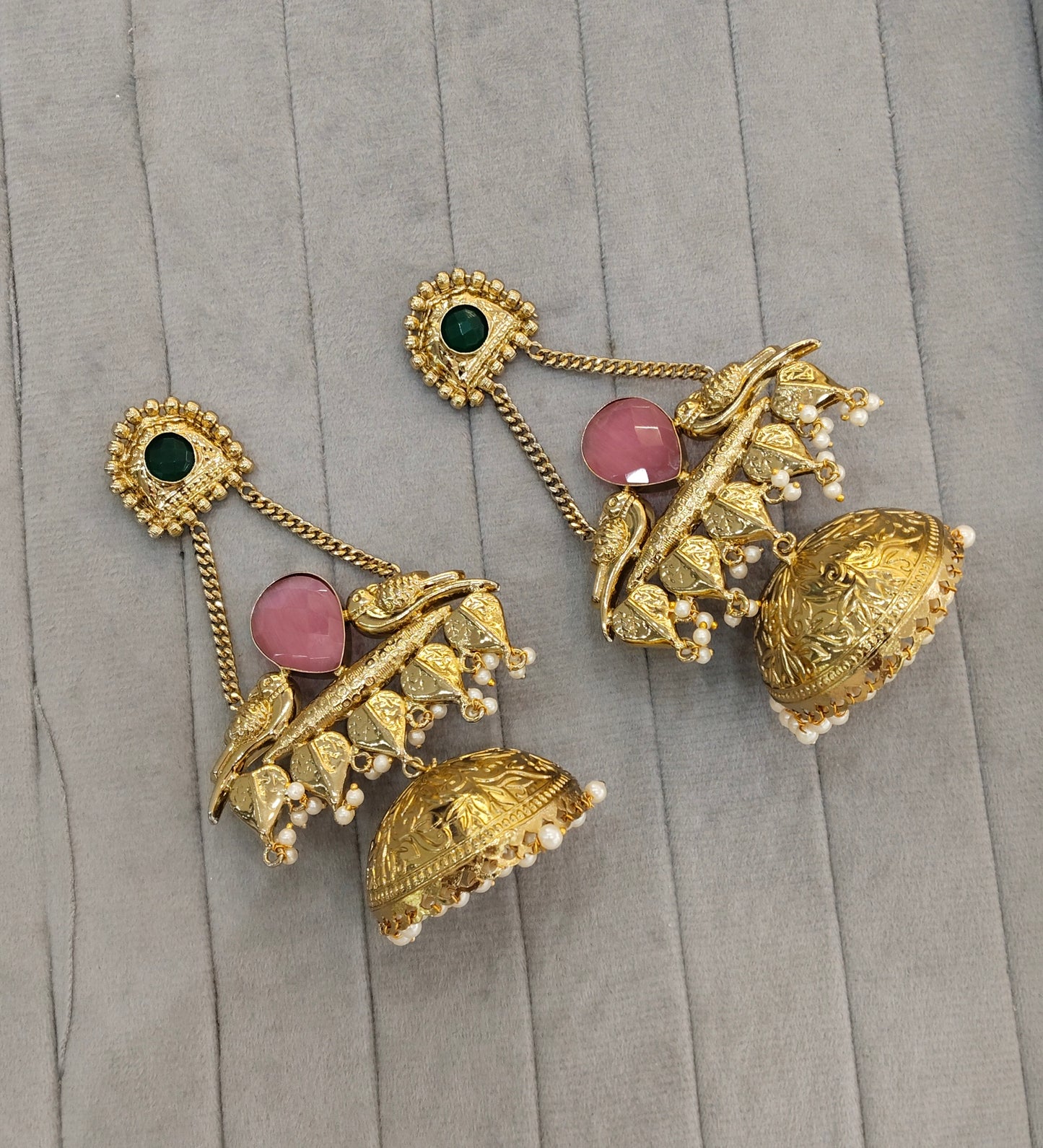 Pink Green Antique Gold Jhumka Indian Bollywood Keshav Earrings
