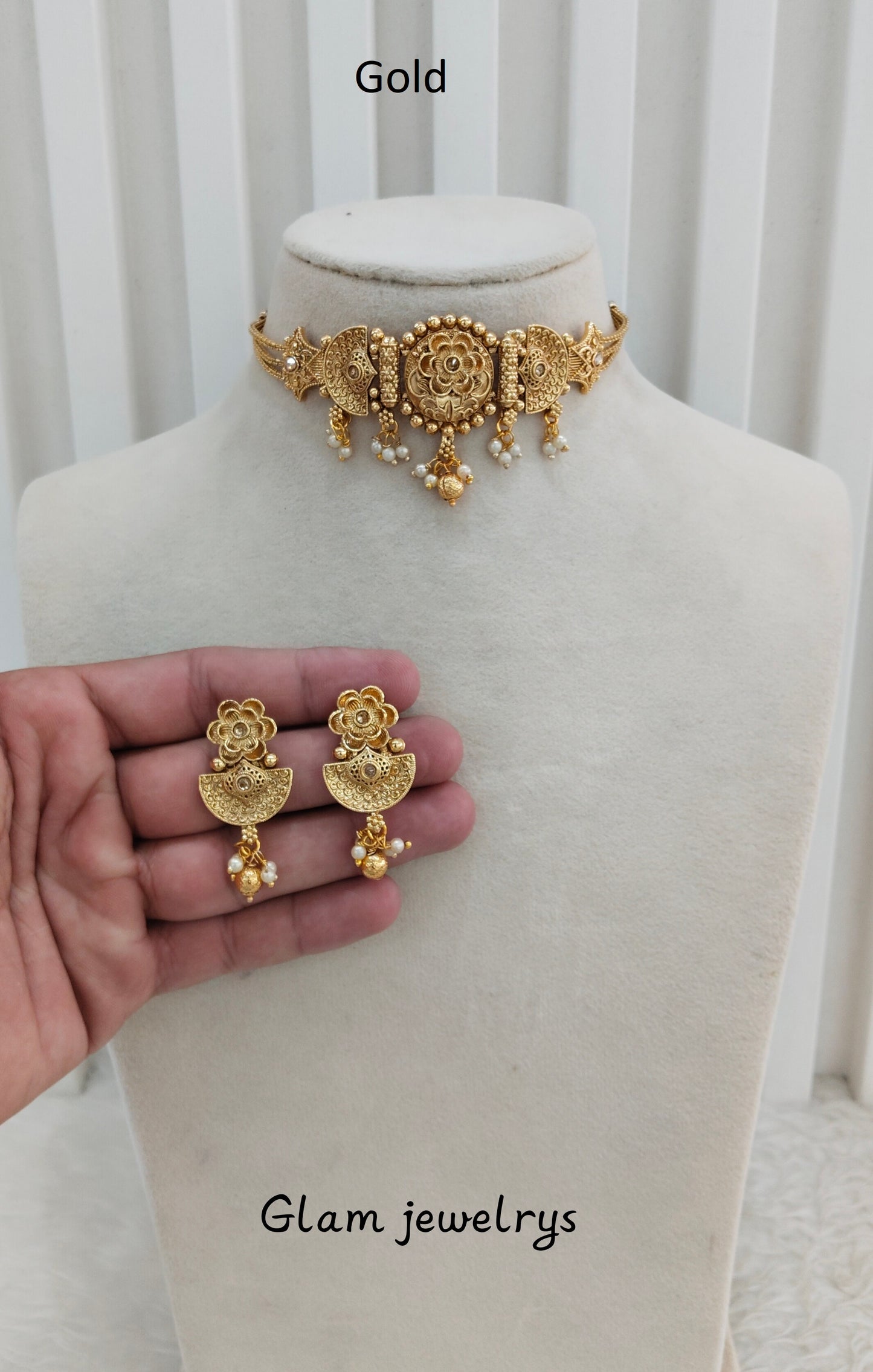 Gold Polki Choker Indian Jewellery Bini Set