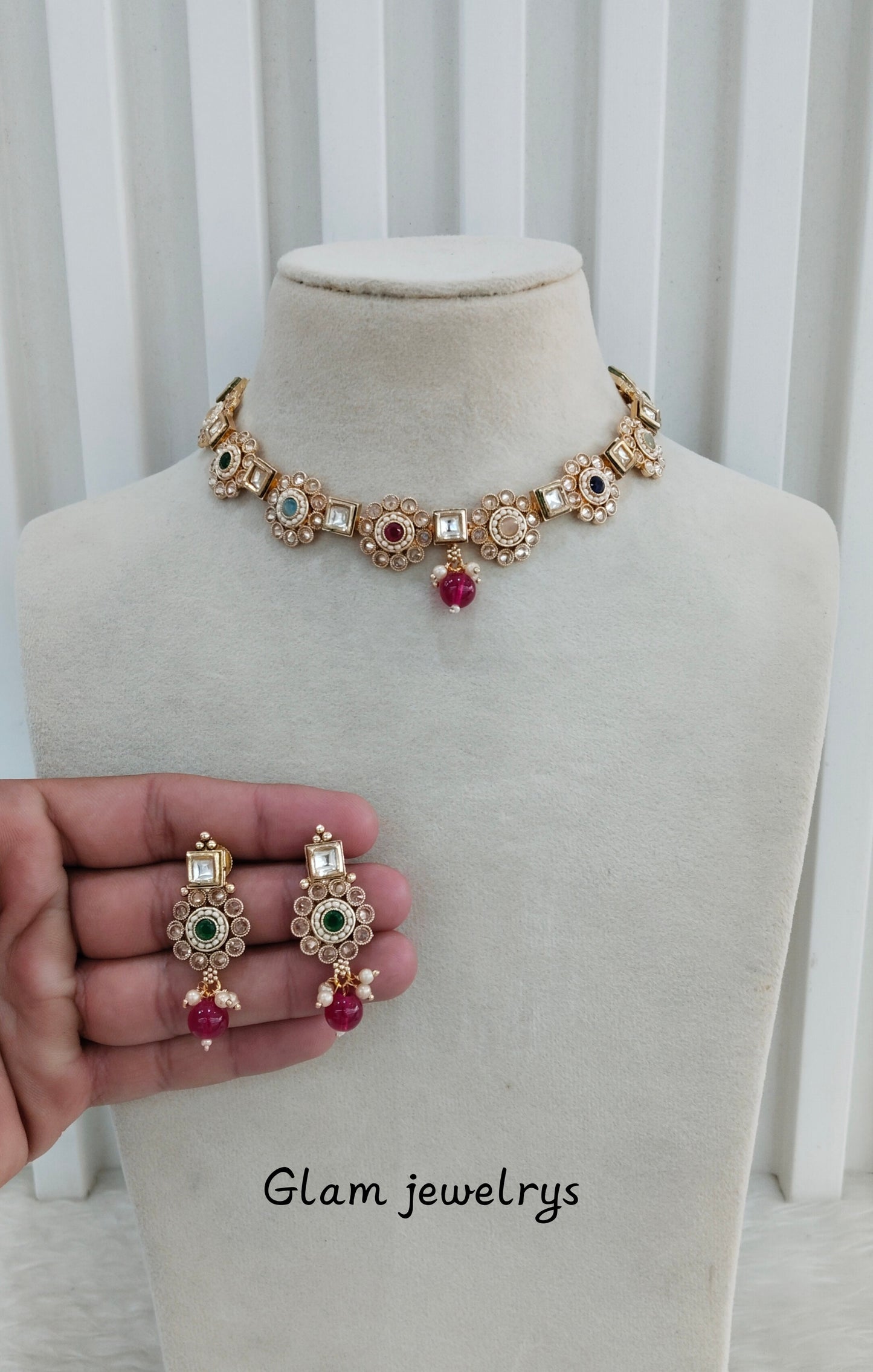 Multi Color Gold Polki Necklace Indian Jewelry Siva Set