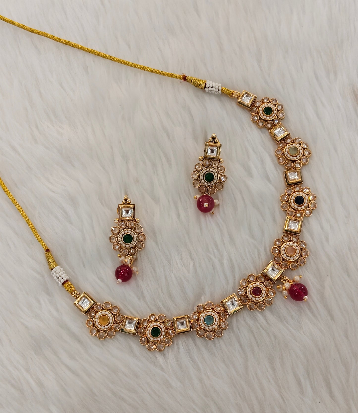Multi Color Gold Polki Necklace Indian Jewelry Siva Set
