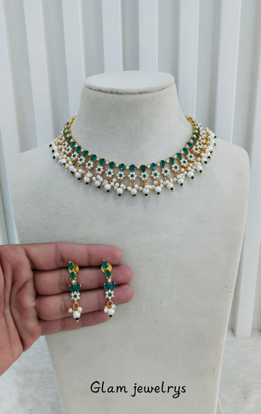 Green Pearl Necklace Indian Jewellery Spike Set
