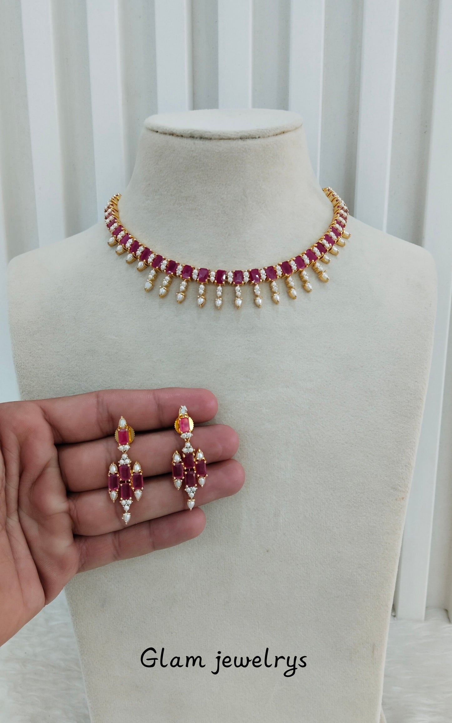 Ruby Pearl Necklace Indian Jewellery Spike Set